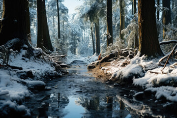 Freezing river in a snowy winter forest, snow and ice in nature, beautiful winter landscape