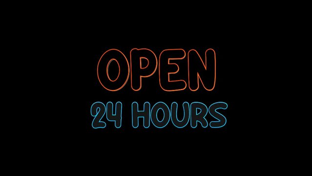 Neon effect text open twenty four, 24 hours with alternating flashing light effect, for shop, cafe, restaurant currently open