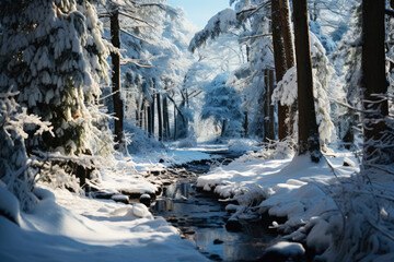 Fototapeta na wymiar Freezing river in a snowy winter forest, snow and ice in nature, beautiful winter landscape