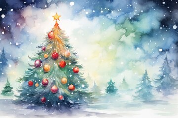 watercolor Christmas Tree With Baubles And Blurred Shiny Lights banner with text space 