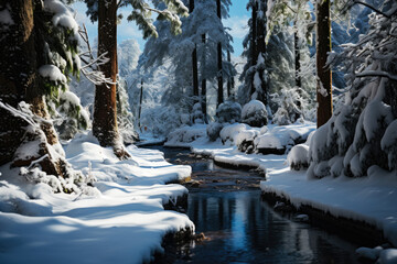Fototapeta na wymiar Freezing river in a snowy winter forest, snow and ice in nature, beautiful winter landscape