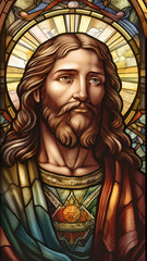 Jesus Christ, the Patron Saint of the Catholic Church.  Generative ai. Stained Glass