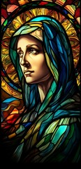 Virgin Mary,  the Patron Saint of the Catholic Church.  Generative ai. Stained Glass