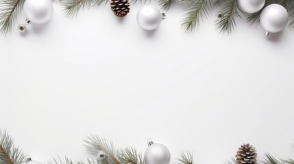 Obraz na płótnie Canvas White Christmas background with Christmas tree branches and balls, winter festive composition with copy space created with Generative AI technology