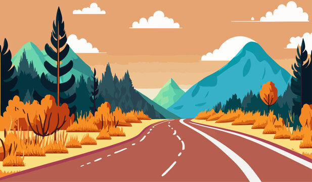 Landscape of mountain empty road in autumn with pines, bushes, orange grass Flat colorful vector illustration