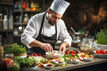 Male chef preparing vegetable vegetarian dish at a professional kitchen. 