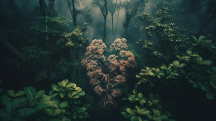 Leaves and branches in form of human lungs with forest on backdrop. Forest as lungs of planet concept. Forest rainforest aerial view shape of lungs human lungs respiratory system.