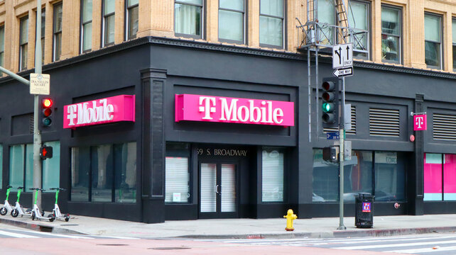 Los Angeles, California: T-Mobile sign. The United States based wireless network operator