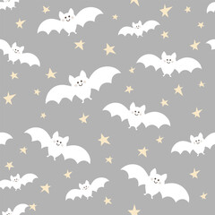 Halloween seamless pattern with bats and stars on a gray background. Vector illustration for making fabric, wallpaper, wrapping.