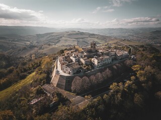 Aerial shot of the village of Montefabbri in Pesaro and Urbino, Italy