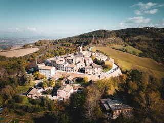 Aerial shot of the village of Montefabbri in Pesaro and Urbino, Italy