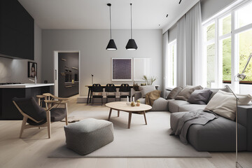Naklejka na ściany i meble Scandi style interior of living room in modern house.
