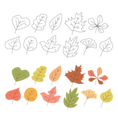 Set of eleven abstract autumn leaves. Black and white and color clipart vector illustration.
