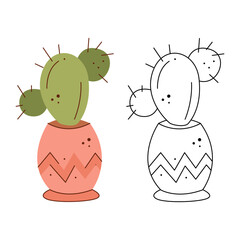 Cactus in the pot. Black and white and color clipart vector illustration.