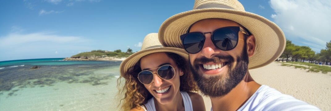 Joyful man capturing a selfie with hat and sunglasses. Generative AI