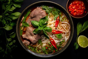 pho bo traditional Vietnamese soup top view on black background - obrazy, fototapety, plakaty