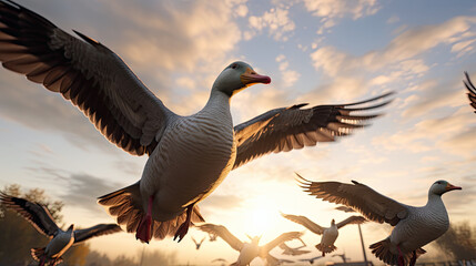 Fototapeta premium Flying flocks of ducks from the farm to warmer climes to overwinter.