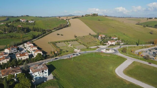 High-angle view of the medieval village of Montecchio in the province of Pesaro Urbino Marche.