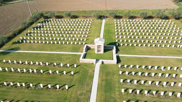 High-angle view of English war cemetery in Montecchio Pesaro Urbino Marche region of Italy.