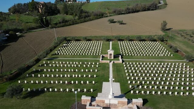 High-angle view of English war cemetery in Montecchio Pesaro Urbino Marche region of Italy.