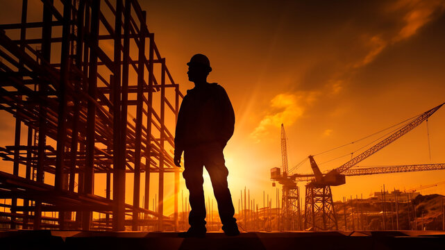 Sunset golden glow, a worker silhouette on a construction site, Generative AI