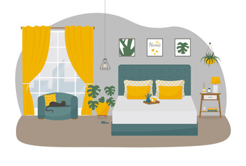 Cozy bedroom interior with double bed and black cat. Concept vector illustration in flat style.
