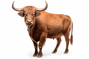 Bull isolated on a white background. Animal left side view portrait.