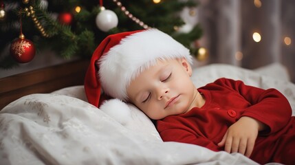 Obraz na płótnie Canvas Closeup portrait of a sweet little baby boy wearing red festive Santa hat and calmly sleeping on Christmas eve created with Generative AI technology
