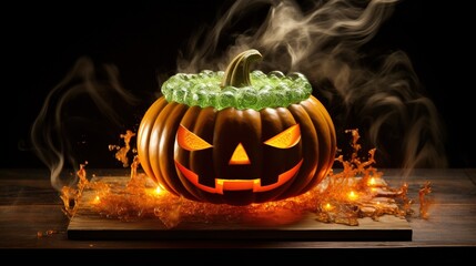  a carved pumpkin with glowing eyes on a wooden table with smoke.  generative ai