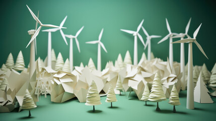 Paper art , renewable energy with green energy as wind turbines , Renewable energy by 2050 Carbon neutral energy , Energy consumption and CO2, Reduce CO2 emission concept.