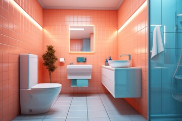 Modern spacious bathroom with bright tiles and a bidet.