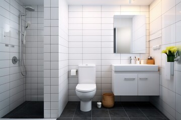 Modern spacious bathroom with bright tiles and a bidet.