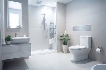Modern spacious bathroom with bright tiles and a bidet.