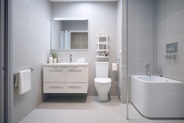 Modern spacious bathroom with bright tiles and a bidet.