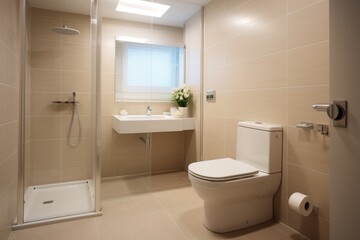 Fototapeta na wymiar Modern spacious bathroom with bright tiles and a bidet.