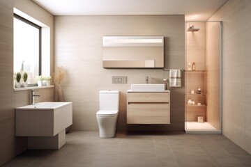 Fototapeta na wymiar Modern spacious bathroom with bright tiles and a bidet.