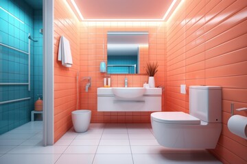 Naklejka na ściany i meble Modern spacious bathroom with bright tiles and a bidet.