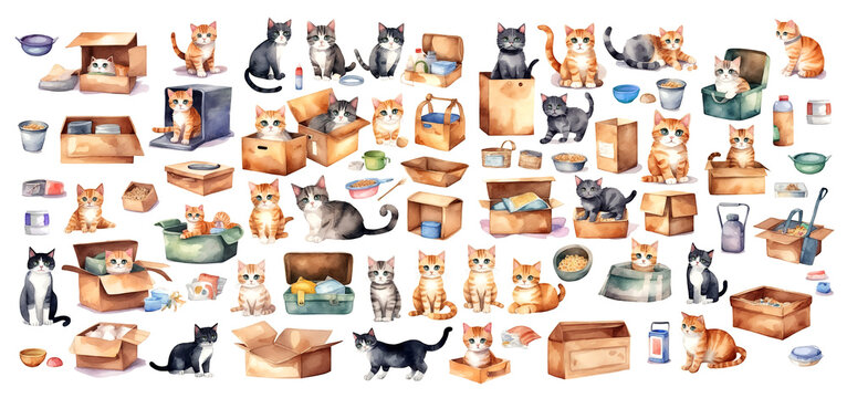 Set of cats with box and food