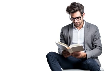 young man with glasses sitting reading - obrazy, fototapety, plakaty