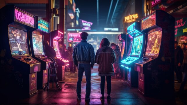 Loving couple at the arcade, arcade machines, Generative AI