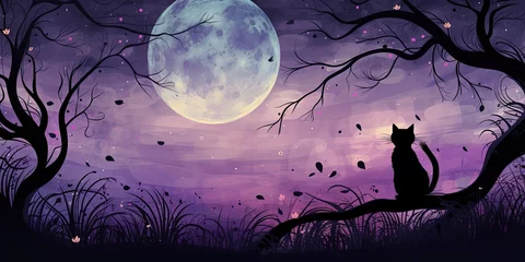 Gardinen Purple moonlit night scene featuring a cat and tree branches, cat in the forest watching the moon, Generative AI © Kaleb