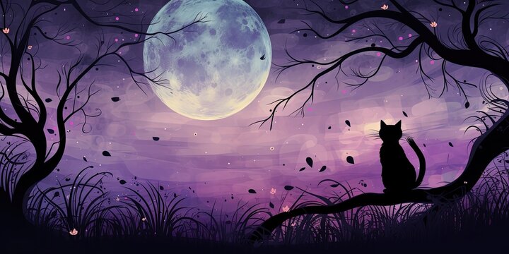 Purple moonlit night scene featuring a cat and tree branches, cat in the forest watching the moon, Generative AI