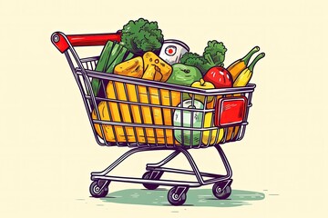 Illustration of supermarket trolley full of food and vegetables on beige background, shopping cart, Generative AI