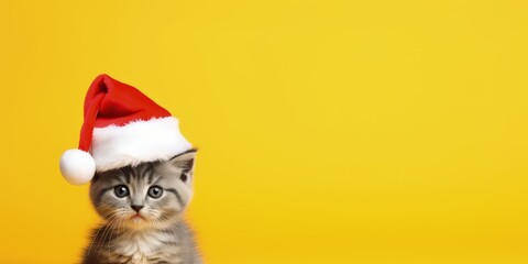Fototapeta na wymiar Cat in Santa Claus hat on yellow background with copy space, kitten, Generative AI