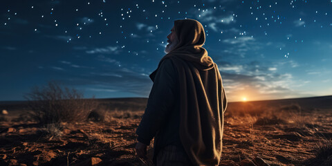 Abraham Counts the Stars on the Steppes: Abraham stands on the steppes, looking up at the sky and counting the stars.