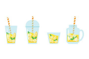 Drink in glasses of different shapes. Lemonade in glasses with lemon slices, mint and ice, Vector illustration