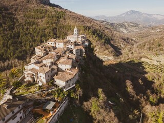 Fototapeta na wymiar Aerial view of the historic Castle Trosino and nearby cliffs in Ascoli Piceno, Marche, Italy