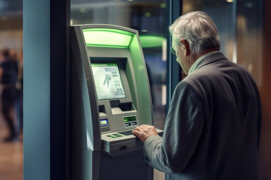 Elderly man withdrawing cash from an ATM, 
old man going to the bank, Generative AI