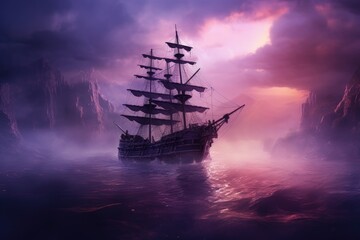 Ghost pirate ship with purple fog, Generative AI
