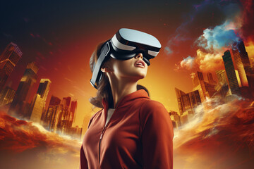 woman wearing virtual reality headset, metaverse commercial style visual